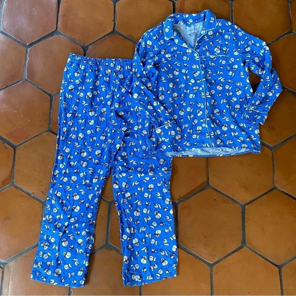 Womans XL (18-20) Lands End Blue Snowman Holiday Pajamas Set Pants Top Flannel
